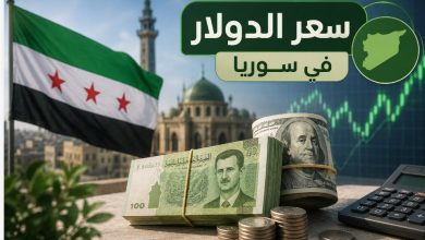 سعر الدولار في سوريا يظهر العملتين السورية والأمريكية مع علم سوريا وخلفية اقتصادية تعبر عن حركة أسعار الصرف.