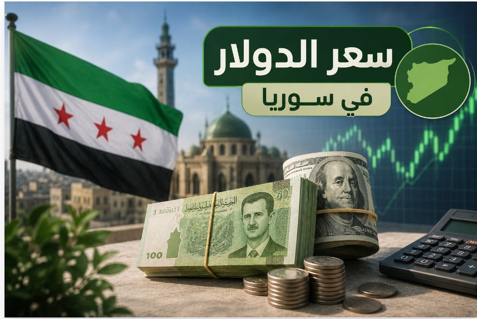 سعر الدولار في سوريا يظهر العملتين السورية والأمريكية مع علم سوريا وخلفية اقتصادية تعبر عن حركة أسعار الصرف.