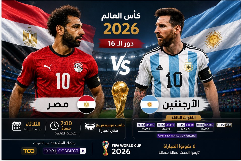 مباراة مصر والأرجنتين في دور الـ16 من كأس العالم 2026، يظهر علمي مصر والأرجنتين وكرة القدم في خلفية ملعب.