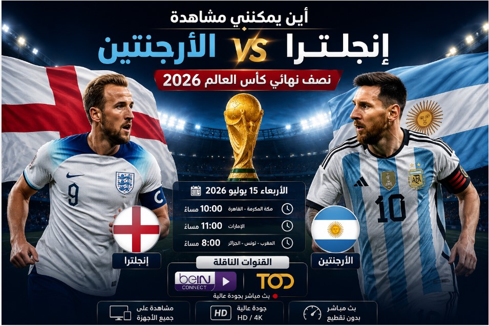 أين يمكنني مشاهدة منتخب إنجلترا لكرة القدم – منتخب الأرجنتين لكرة القدم؟ القنوات الناقلة لمباراة إنجلترا والأرجنتين في نصف نهائي كأس العالم 2026.
