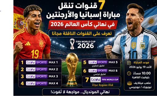 7 قنوات تنقل مباراة إسبانيا والأرجنتين في نهائي كأس العالم 2026 مع القنوات الناقلة المجانية وموعد المباراة.